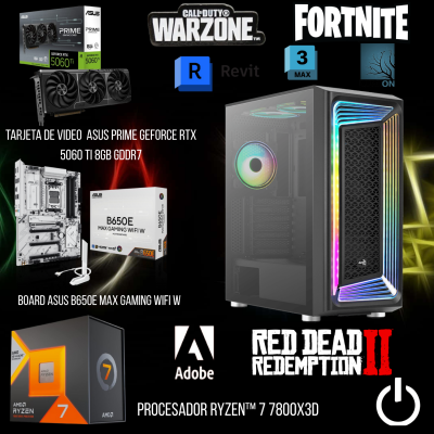 Torre Gamer/Render AMD Ryzen™ 7 7800X3D, Tarjeta de Video ASUS PRIME GeForce RTX 5060 Ti 8GB GDDR7, Memoria Ram Crucial Pro 16GB 6400 MHz DDR5